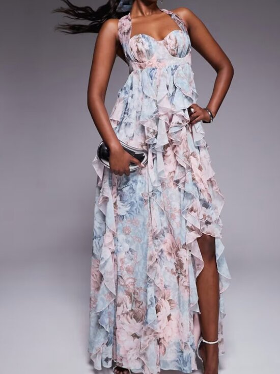 ASOS Dresses & Skirts - ASOS LUXE Halter Maxi Dress with Waterfall Ruffles – Lace Floral Print